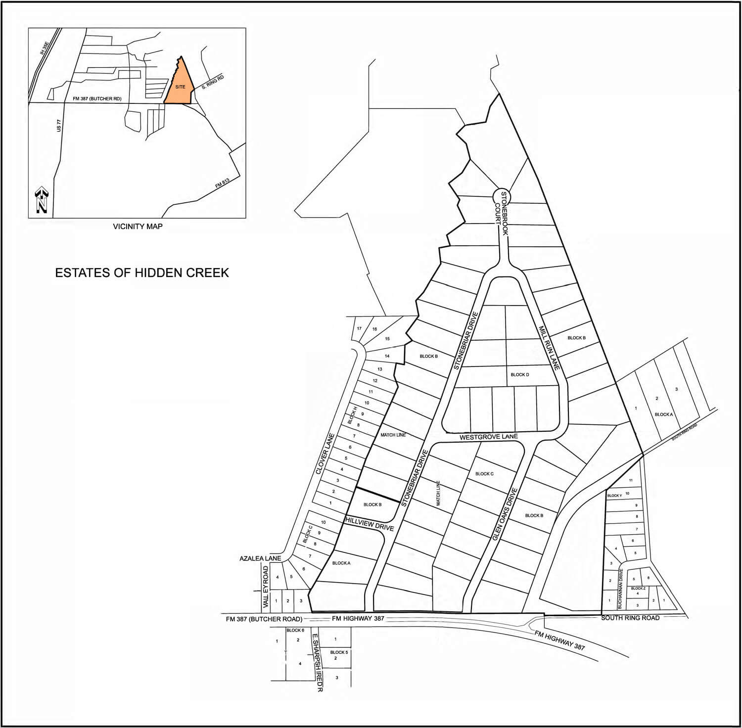 The delopment plan of Estates of Hidden Creek with the location of the 67 plots of land in the 67 acre area