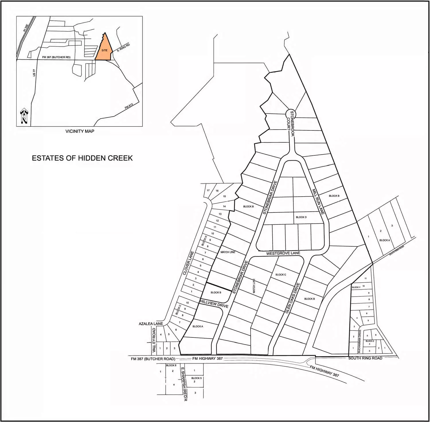 The delopment plan of Estates of Hidden Creek with the location of the 67 plots of land in the 67 acre area